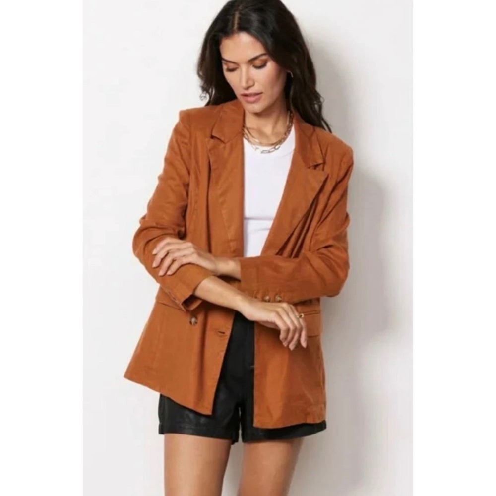 Evereve Linen Double Breasted Blazer Rust Brown Shoulder‎ Pads Modern Boho Sz S
